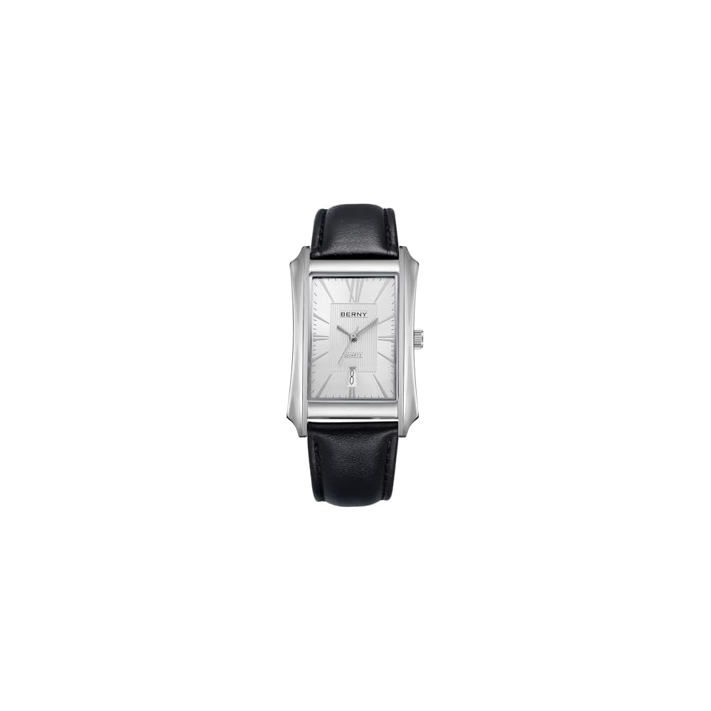 Berny Men s Business Casual Quartz Watch Stainless Steel Case Leather Strap Rectangular Design