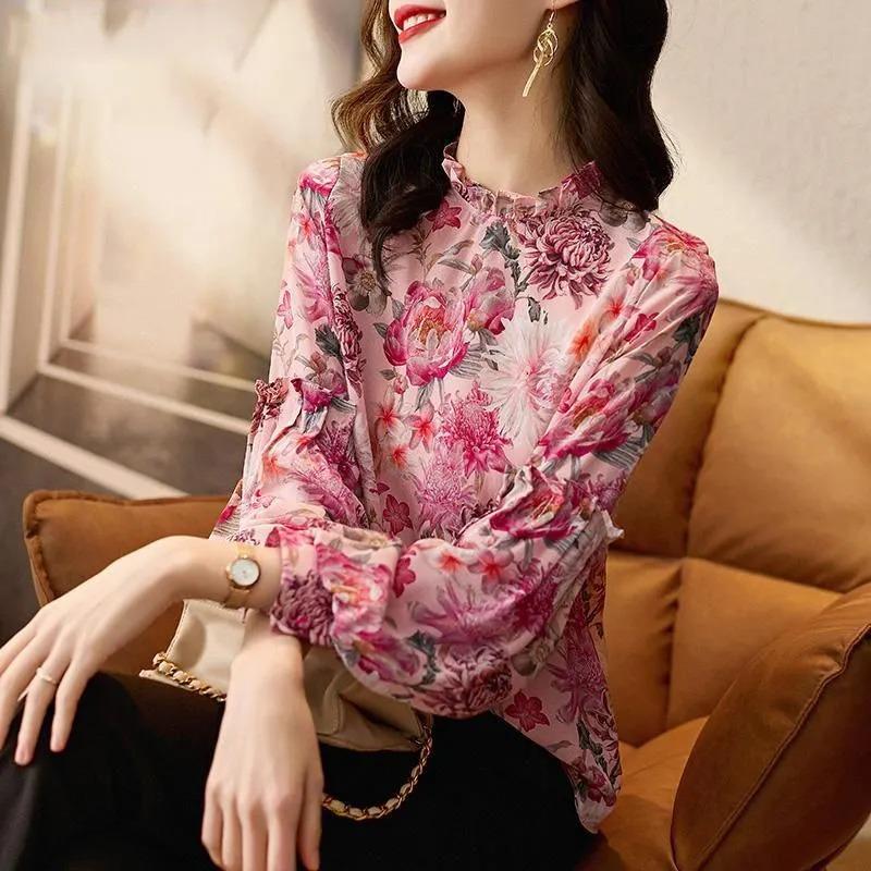 Floral Chiffon Top Women's Small Shirt Ruffled Puff Long Sleeve Blouse Floral Chiffon Top