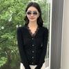 Women's V-Neck Lace Trim Cashmere Cardigan - Long Sleeve Knit Sweater for Autumn and Winter