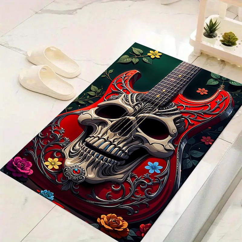 1Pc Skull Guitar Artwork Rug, Office Carpet Indoor Outdoor Doormat, Non-Slip, Comfortable, Living, Christmas Halloween,  Xmas Gift G1181
