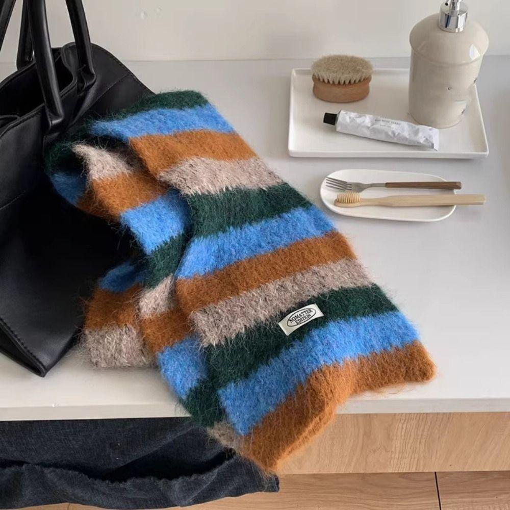 Long Plaid Wool Scarf Preppy Style Winter Cashmere Scarves Simple Stripe Scarf Student