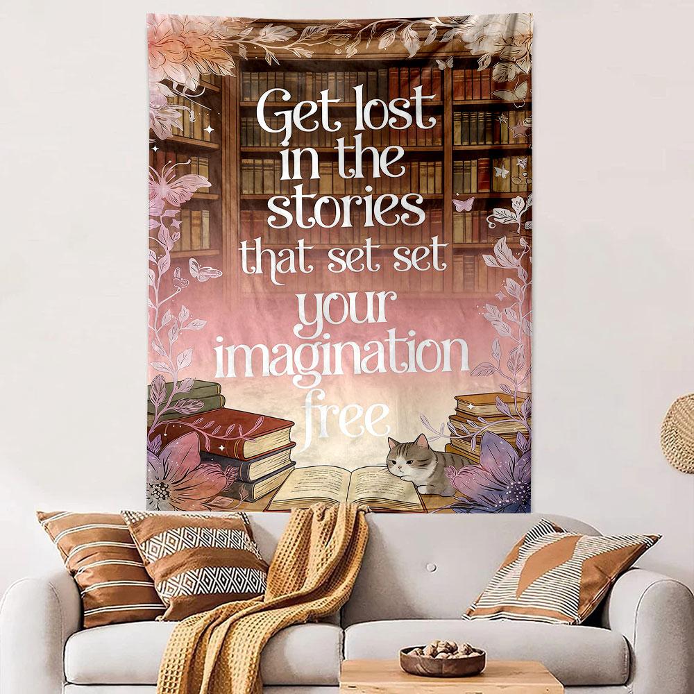 Get Lost in Stories with Cat & Books Patterned tapestry home decor, suitable for bedroom and living room, gift