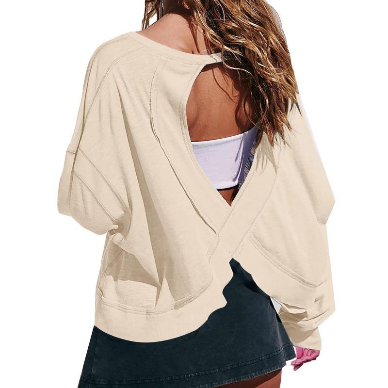 Women's Loose Long Sleeved Backless Women's Top Age Reducing Hollow Out Short Round Neck Women's T-shirt