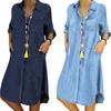 Denim Dress Single Breasted Pockets Summer Buttons Knee Length Dress Streetwear