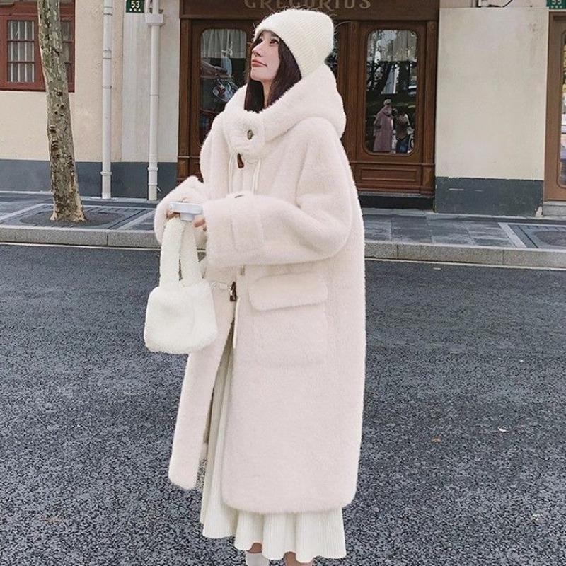 

Искусственная норка бархатная пряжка рог искусственный мех шуба осенняя и зимняя одежда новая свободная утолщенная шуба с капюшоном женская S size 80-65kg белый