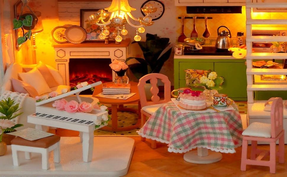 sofiey Dollhouse DIY Kit Set, Miniature Furniture Craft Kit with Instructions (Hana no Ma no Himitsugo + Dustproof Case + Music Box)