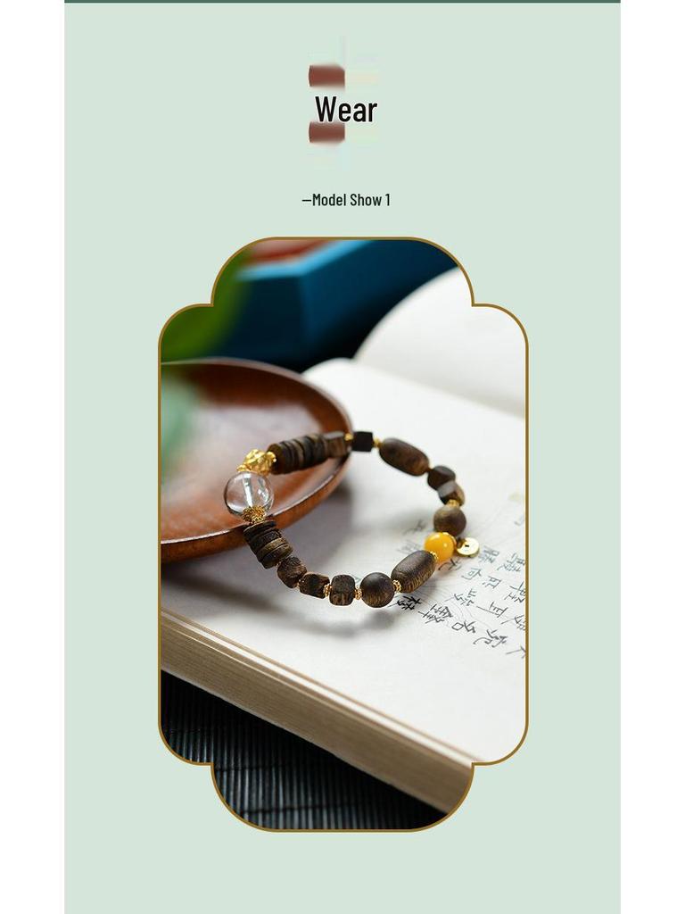 Yingge Qi Nan Agarwood Bracelet with Amber and 925 Silver Spacer (No Artificial Oil Injection)