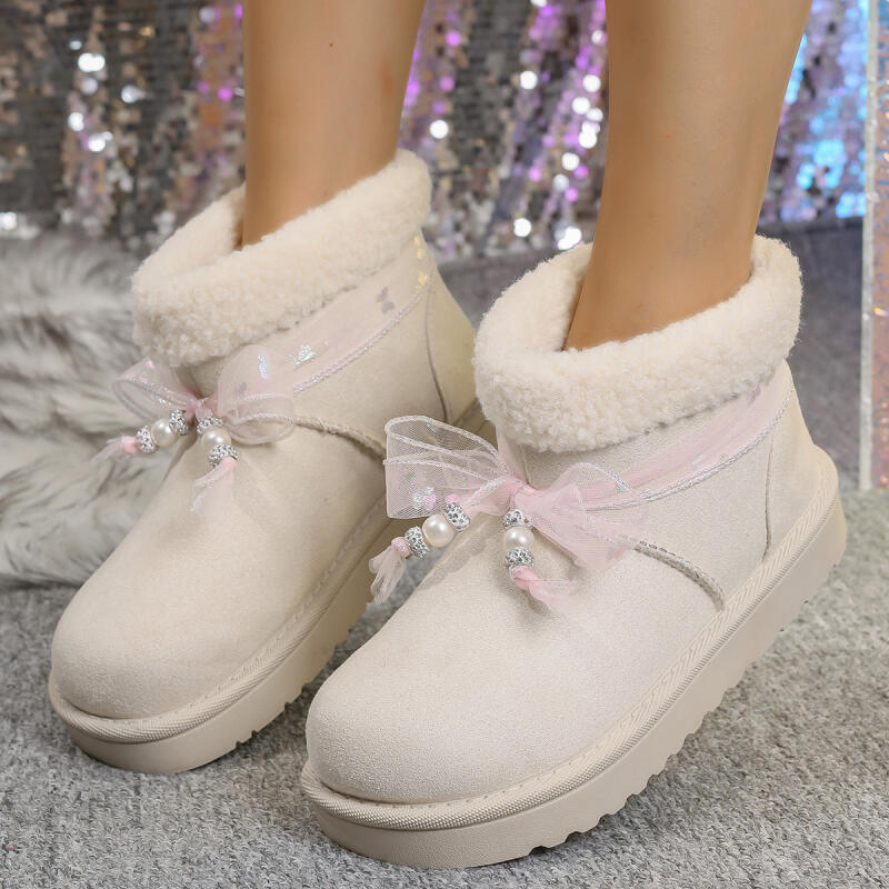 Thick Bottom Fluffy Fur Women's Snow Boots 2025 Winter Sweet Pink Bowknot Ankle Boots with Platform Brand Furry Shoes for Woman