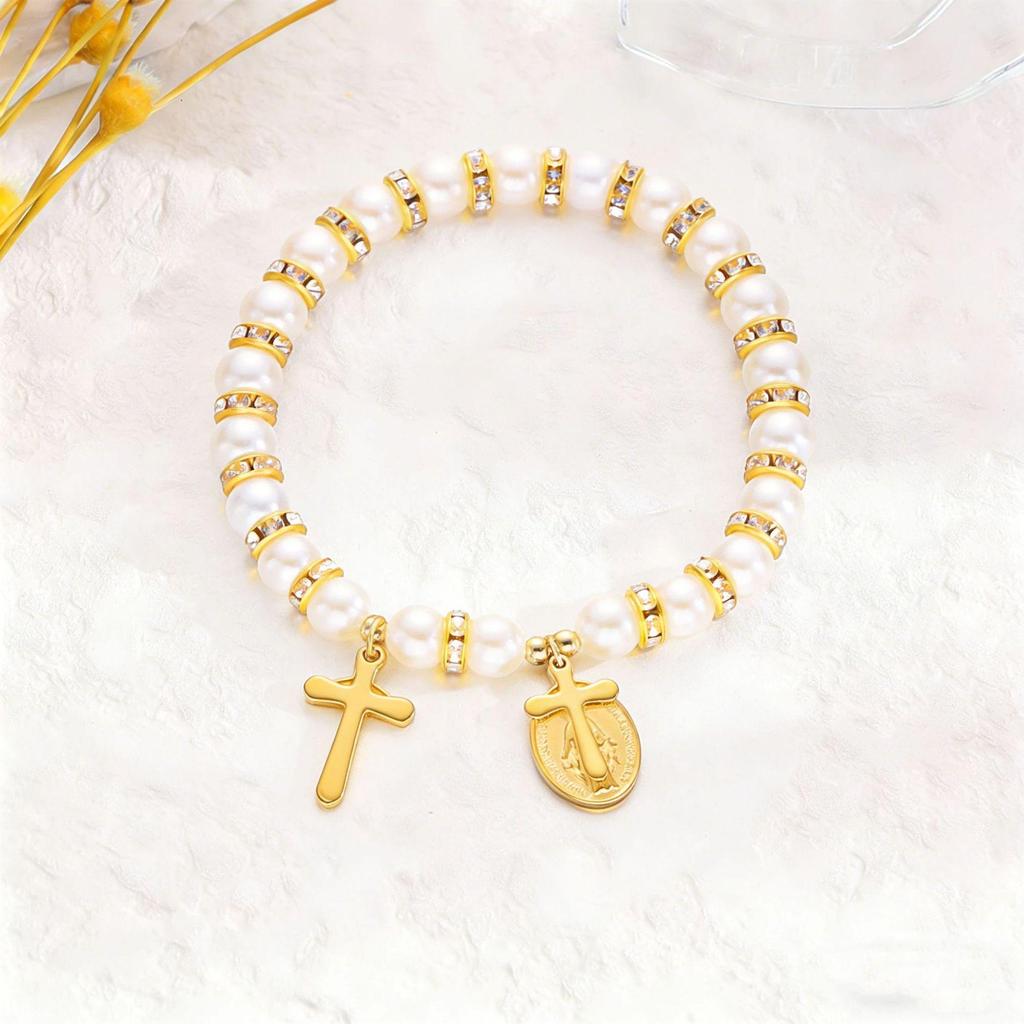 Retro Virgin Mary Pendant Pearl Bracelet with Oval Charm and Flower Design for Women