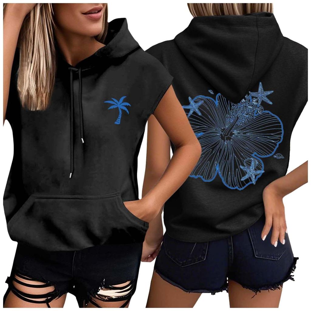 Women's Summer Hooded Sleeveless Tee Shirts  Hoodie Tunic Tops  Casual Loose Tunic Sweatshirts