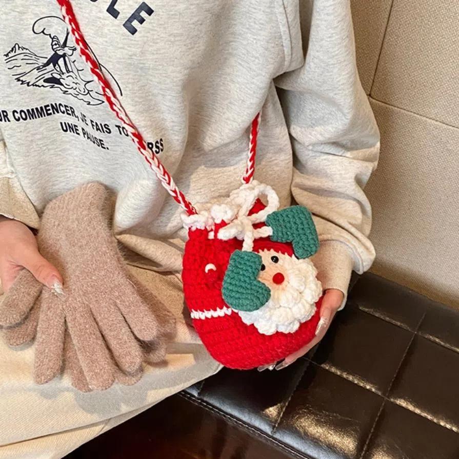Kriss Kringle Father Christmas Bag Bow Knitting Drawstring Bag Creative Xmas Candy Bag  Party
