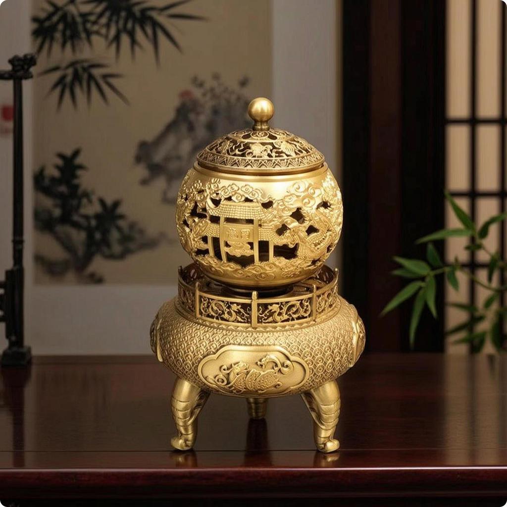 Brass Scent Burner Decorative with Lid Traditional Tabletop Censer for Home Decor,