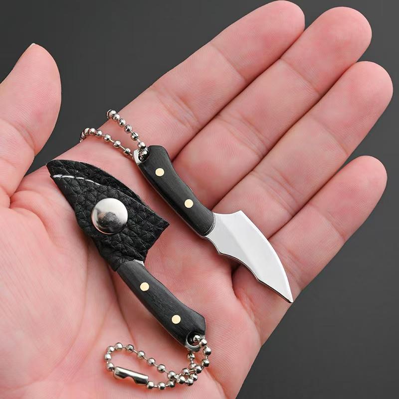 New Mini Wooden Handle Knife Outdoor Camping Open Box with Chain Portable EDC Key Knife with Leather Sheath Chain