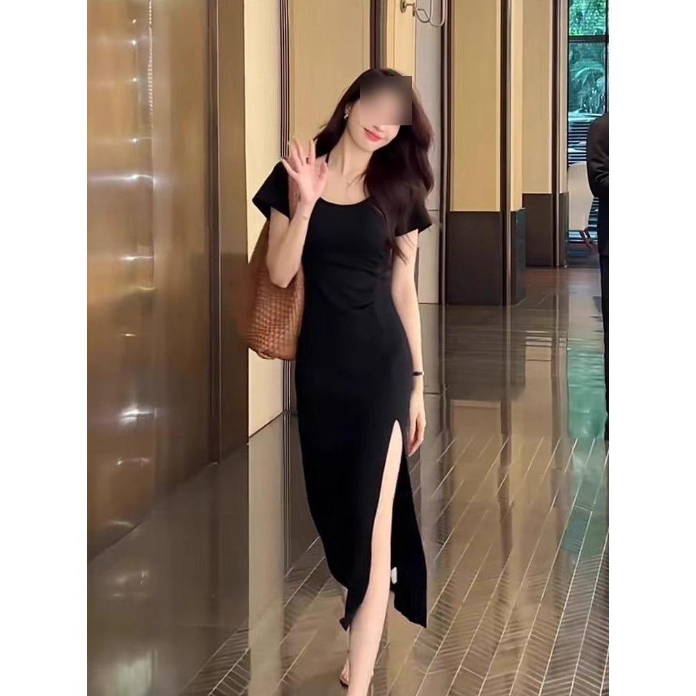 Split Fork Long Hepburn Little Black Dress Niche Show Figure Little Mother Hip Wrap Long Dress Black High Cold Dress Summer