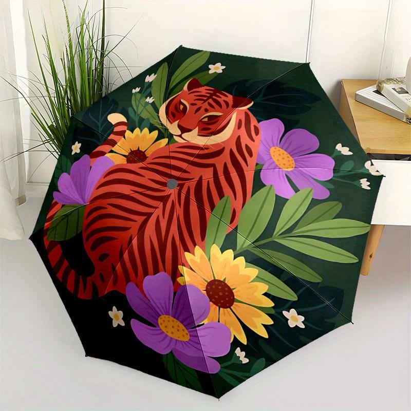 1pc Tiger Flowers Automatic Open/Close Umbrella, Portable Folding Umbrella for Travel, Themed Events, It is suitable as a gift for various festivals,