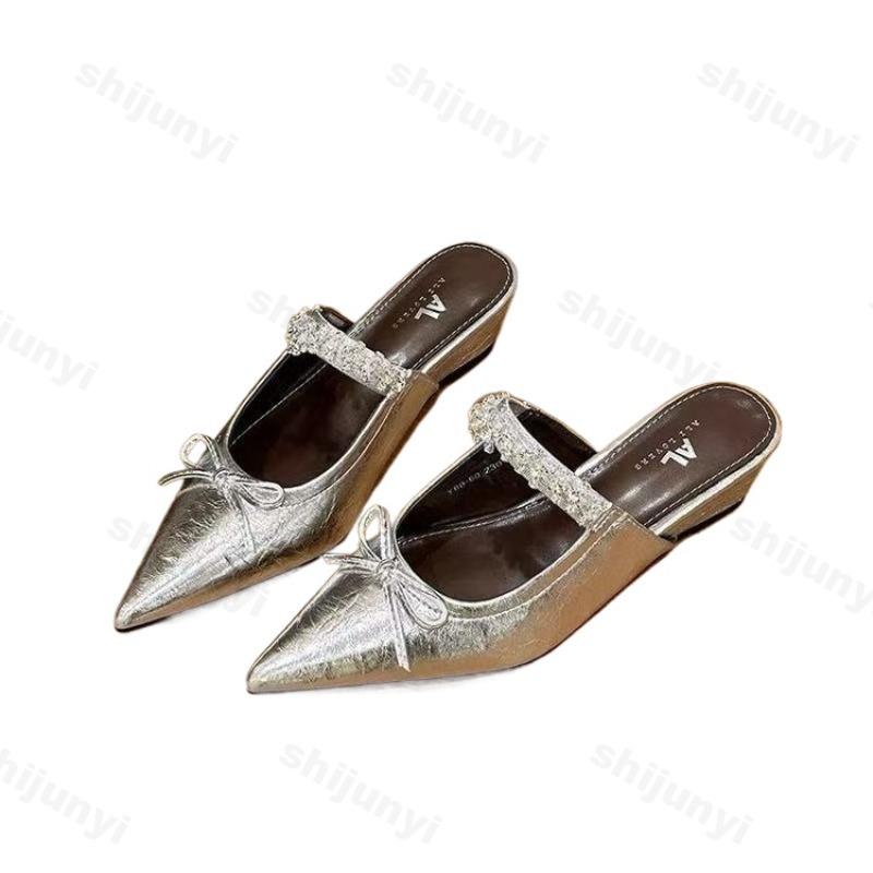 Fashion Women's High-heel Slippers Fashion Non Slip Silver Bowtie Mary Jane Female Pointed Toe Retro Gladiator Soft-soled 2025 Slippers