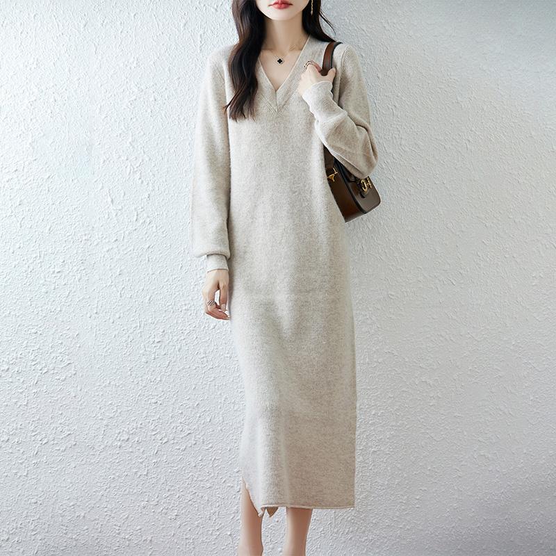 

Женское платье-свитер 100% шерсть TIDENOVEL V-образный вырез Вязаный длинный пуловер Зимние джемперы Шерстяное длинное платье Женское M бежевый