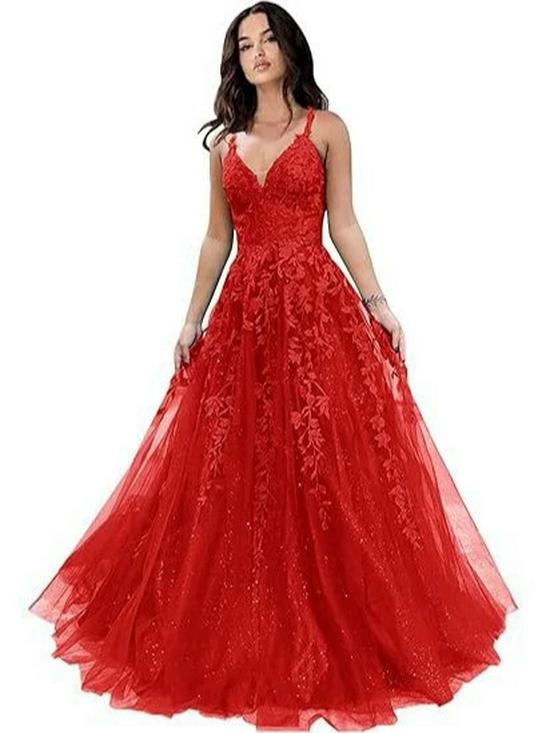 Elegante Abito da Sera in Rete Ricamata con Paillettes e Scollo a V Profondo
