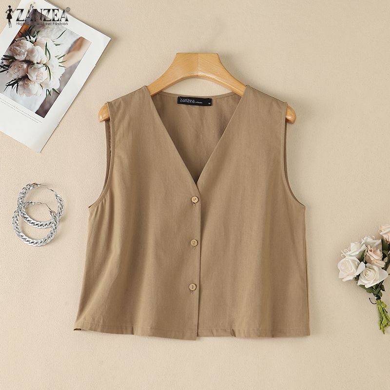 ZANZEA Women Casual V-Neck Solid Color Loose Sleeveless Cotton Tank Tops