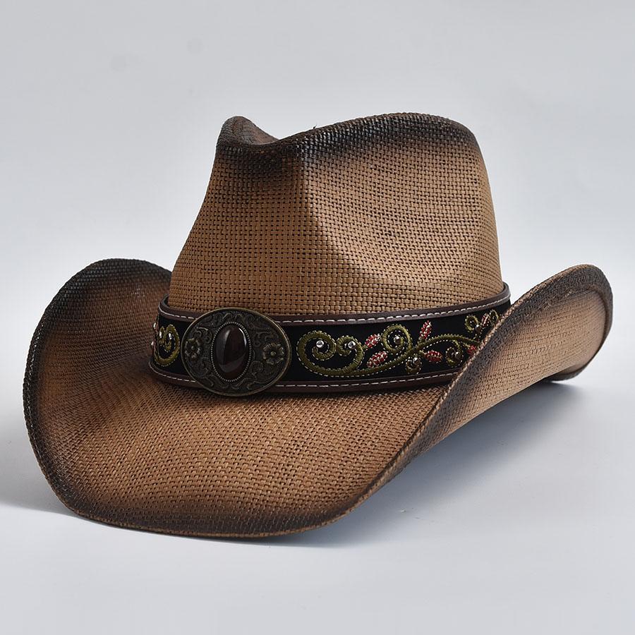 

Vintage Curled Edge Cowgirl Jazz Hat Western Style Straw Hats for Men Women Summer Beach Sun Hat Sombrero Hombre One Size хакі