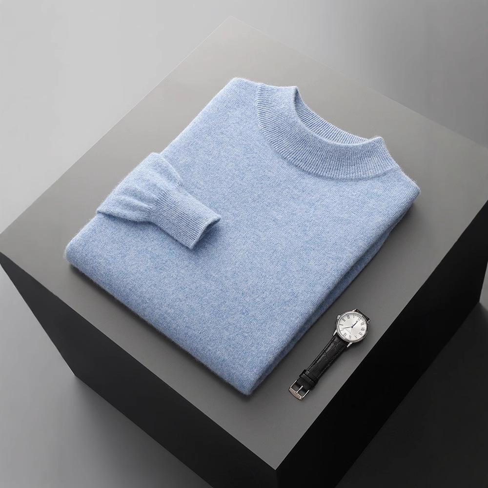 Men's Pure Wool Semi-High Neck Sweater - Autumn/Winter Collection: Slim Fit, Solid Color Pullover