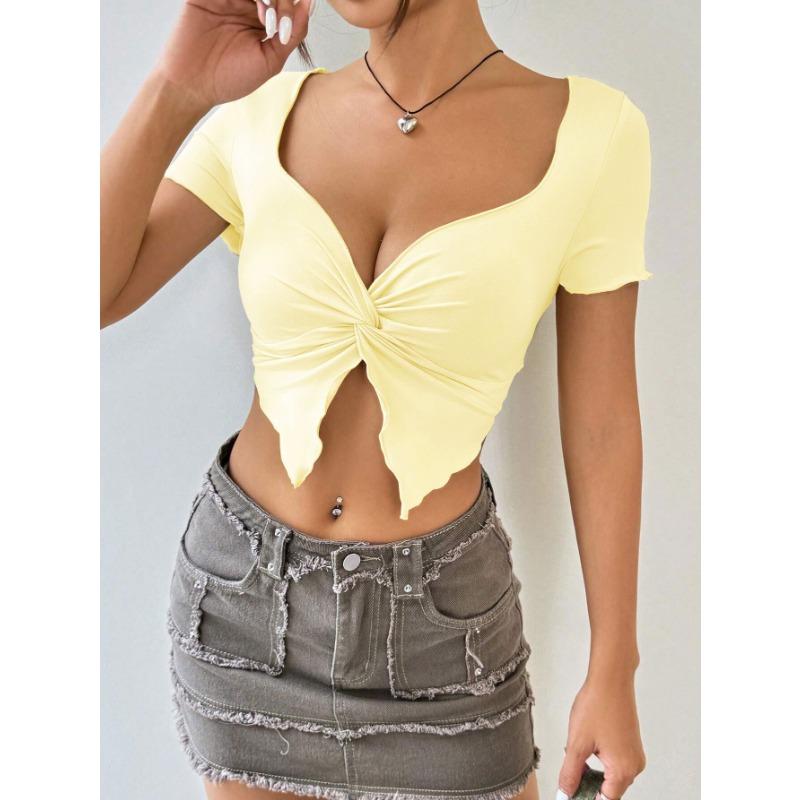Women Sexy Twist Ruched Deep V Neck Short Sleeve Cropped Top