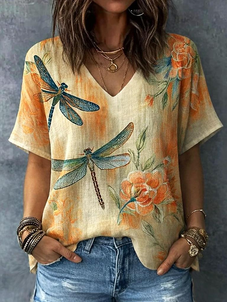 Funny Dragonfly 3D Print T Shirt For Women Fashion Flower Pattern Oversized Tops Casual V-neck Short Sleeve Tees Summer Clothing