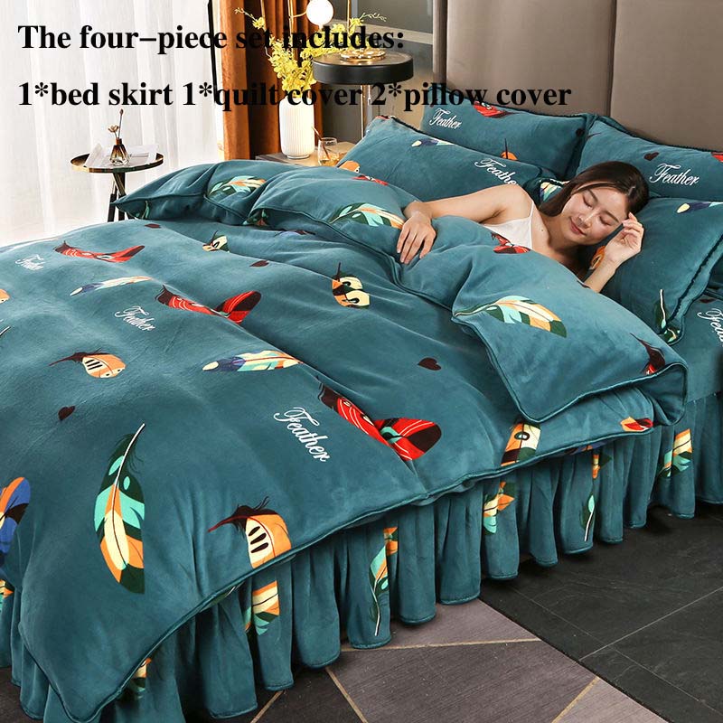 Milk Velvet Four-piece Suit Plus Velvet Thickening Soft Skin-friendly Bedding Double-sided Velvet Bed Skirt Is Resistant To Dirty Winter