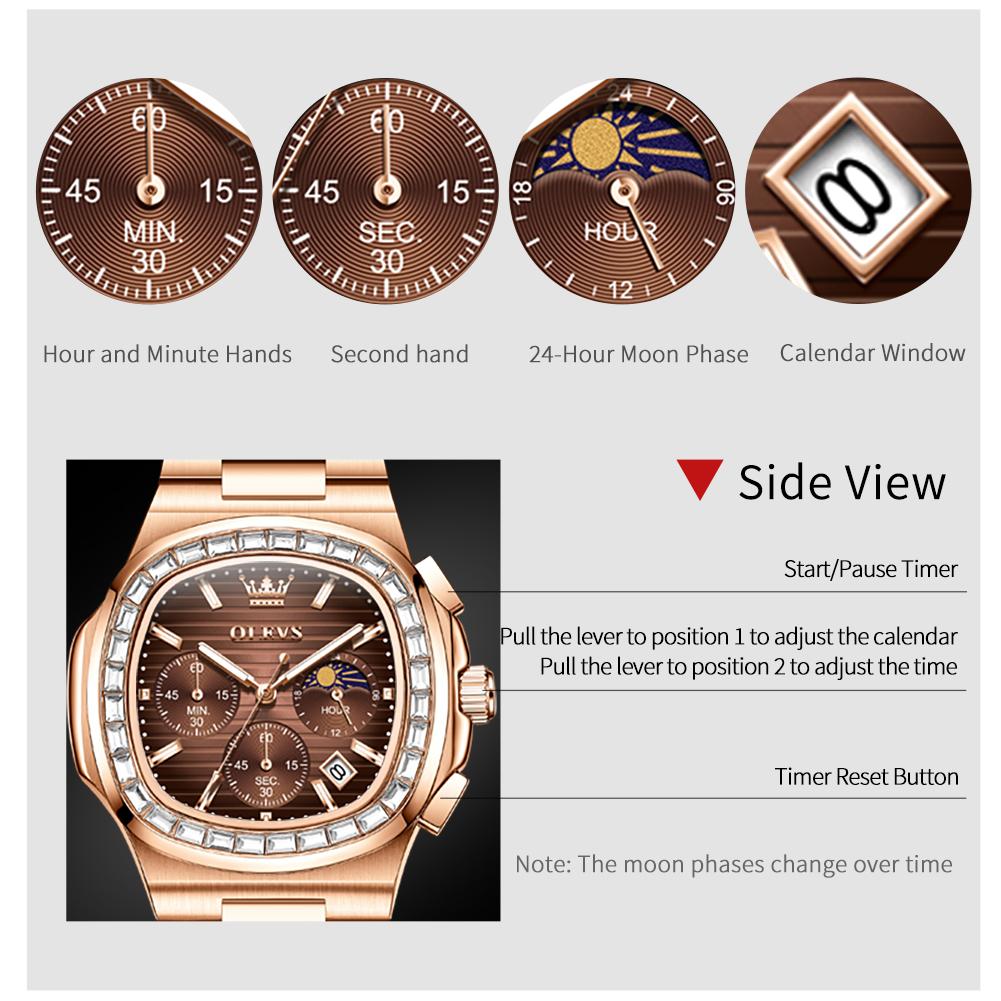 OLEVS 44MM Mens Watch Original Luxury Trendy Square Quartz Watch Moon Phase Waterproof Luminous Watches For Man Box Gift 3739