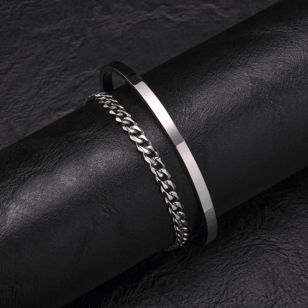2 stuks Heren Kettingarmbanden, Roestvrij Staal Manchet Bangle Armband, Casual Sieraden Set voor Echtgenoot Vader