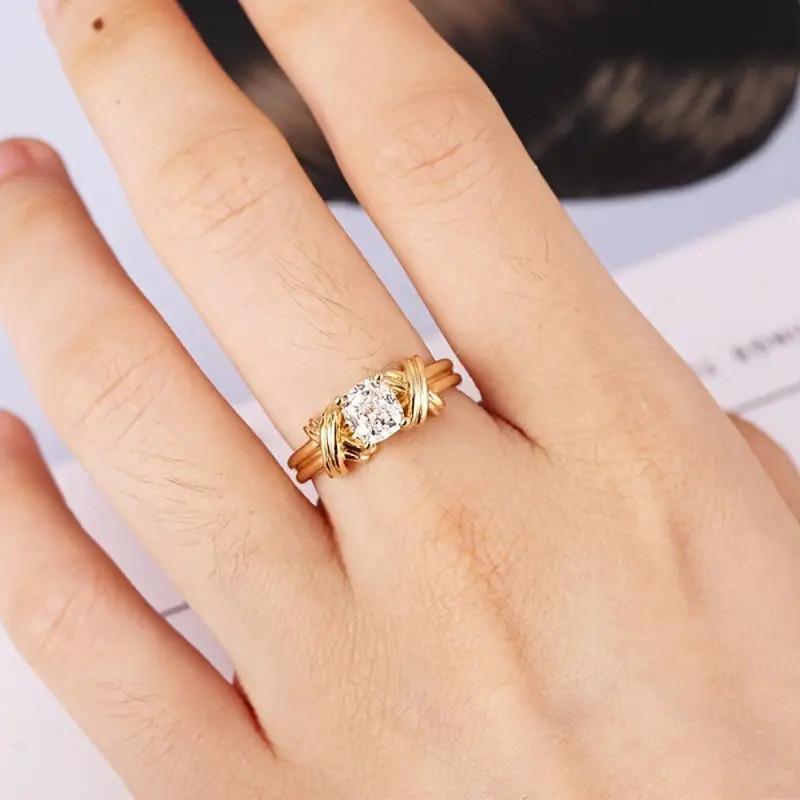 Sterling  Cross Rings with Round/Cushion Cubic Zirconia Fashion Contracted Wedding Party Female Jewelry Gift
