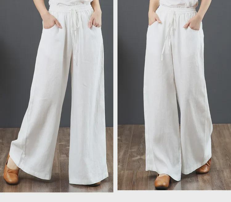 Damenhose mit hoher Taille aus Baumwolle und Leinen mit weitem Bein - Lockere Passform, Übergröße, Bodenlang