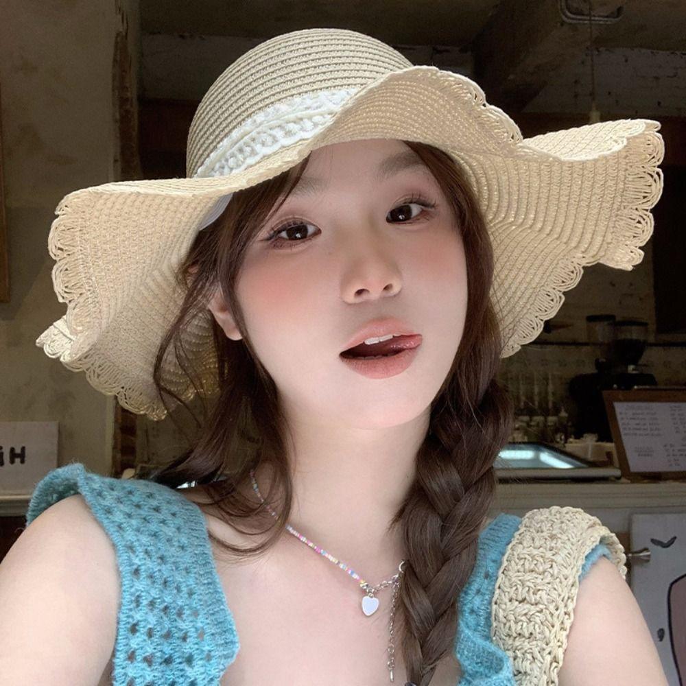 French Style Lace Bow Straw Hat Big Brim Women's Sun Hat Elegant Beach Straw Hat  Girls