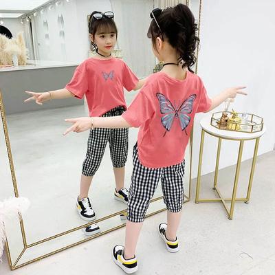 Girls Spring Summer Round Neck Short Sleeve Top + Plaid Shorts Sports Two Piece Set