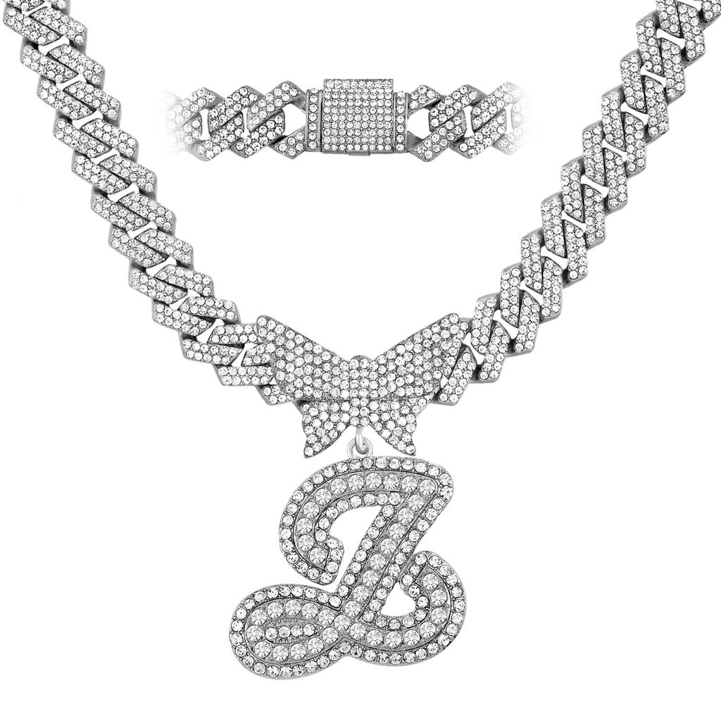 Men Women 14MM Cuban Chain Crystal Butterfly Initials Name Pendant Necklace Iced Out Cursive Letters Rapper Necklace Jewelry New