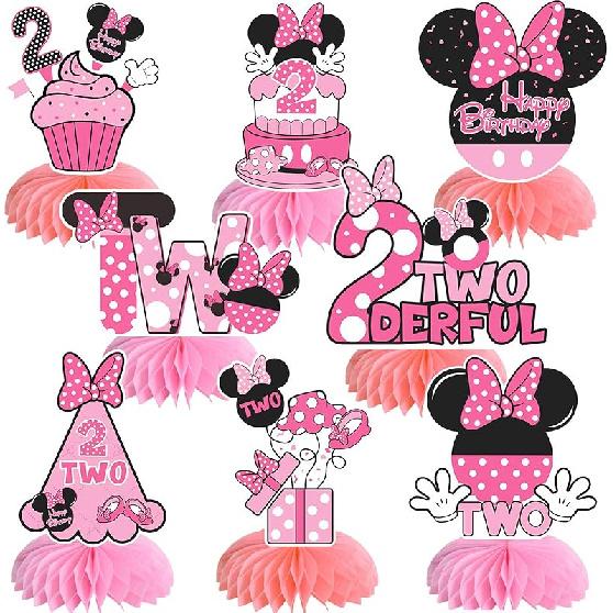 TONIFUL 1st Birthday Black Red Yellow Mouse Themed Table Honeycomb Centerpieces, Red Mouse Table Topper Decor, Letter ONE for First Birthday Party PINK Mouse TWO