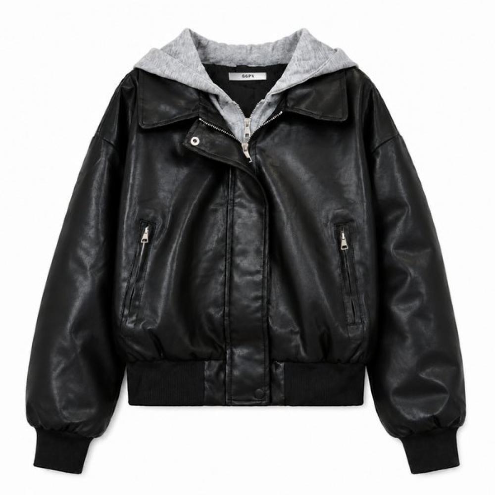 Ggpx New York Men S Gray Hooded Color Block Leather Jumper Gq8jp014f