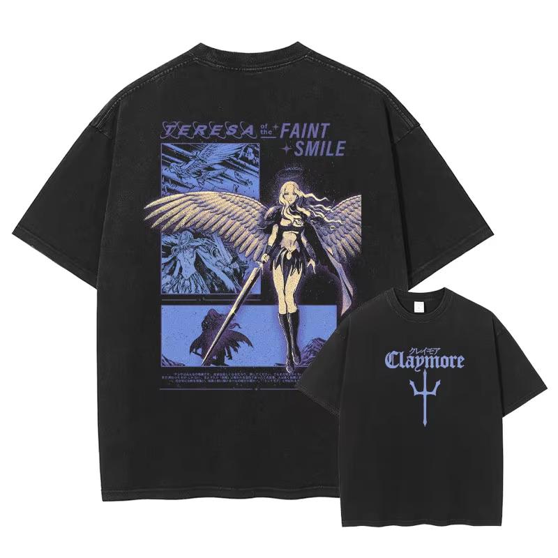 Anime Claymore T-Shirt Clare Miria Vintage Washed Tops Tees Anime Cartoon Harajuku DTG Print Short Sleeve Daily Wear Cool Top
