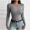 Damen Sommer Langarm Reine Farbe Skinny Tops Mesh Patchwork Durchsichtig Damenmode Sexy T-Shirt