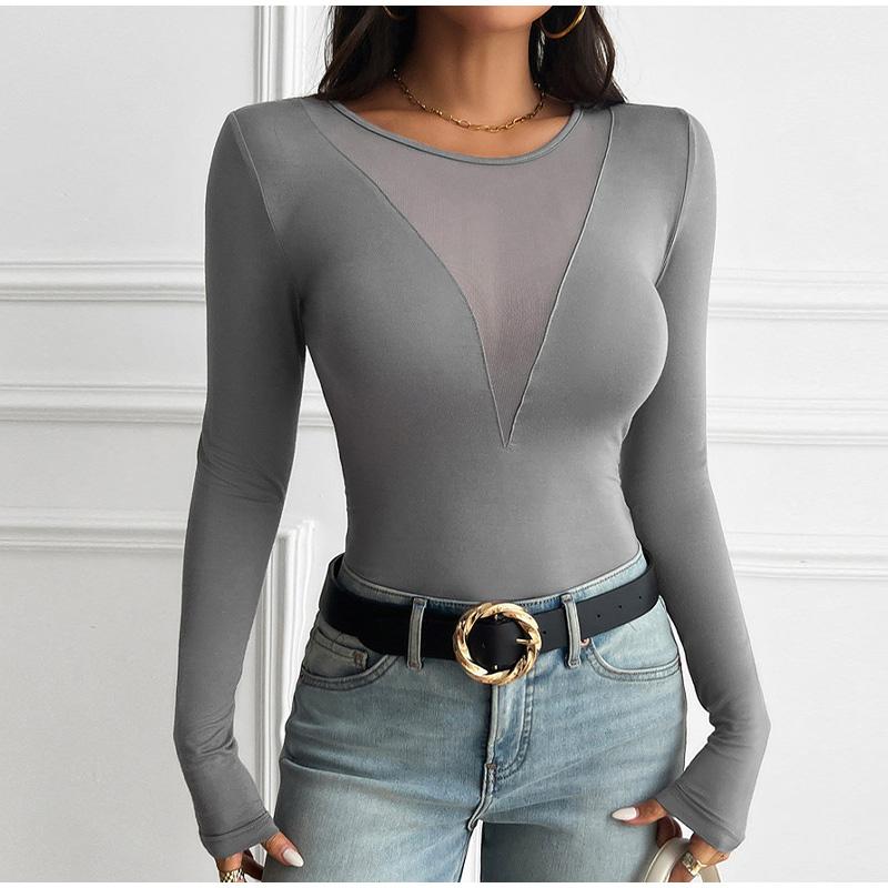 Damen Sommer Langarm Reine Farbe Skinny Tops Mesh Patchwork Durchsichtig Damenmode Sexy T-Shirt