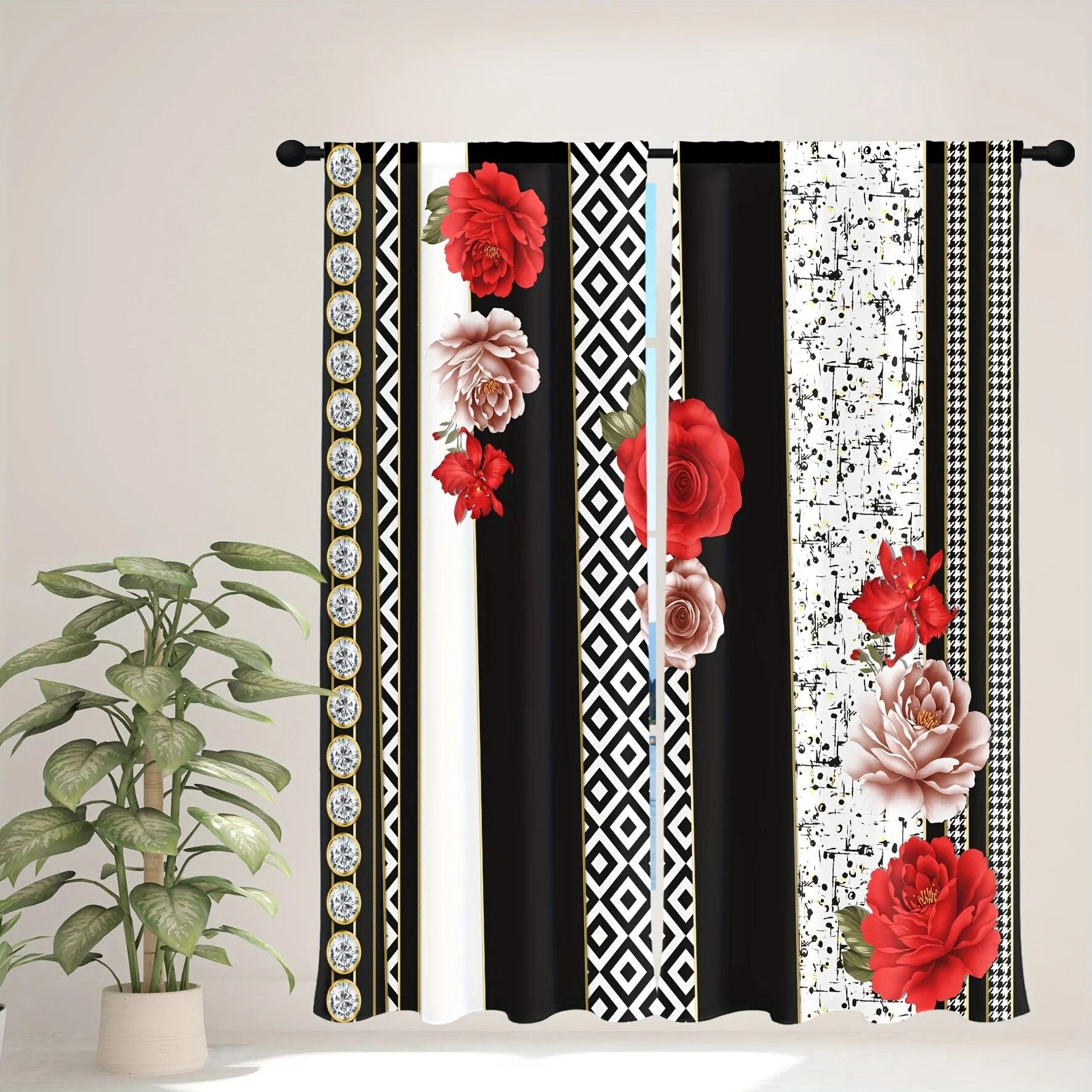 

2 шт. цветочные шторы розы лилии красные белые цветы золотые лепестки ветки листья оконные шторы для спальни гостиной W50xH130(CM)x2PCS-Grommet Top