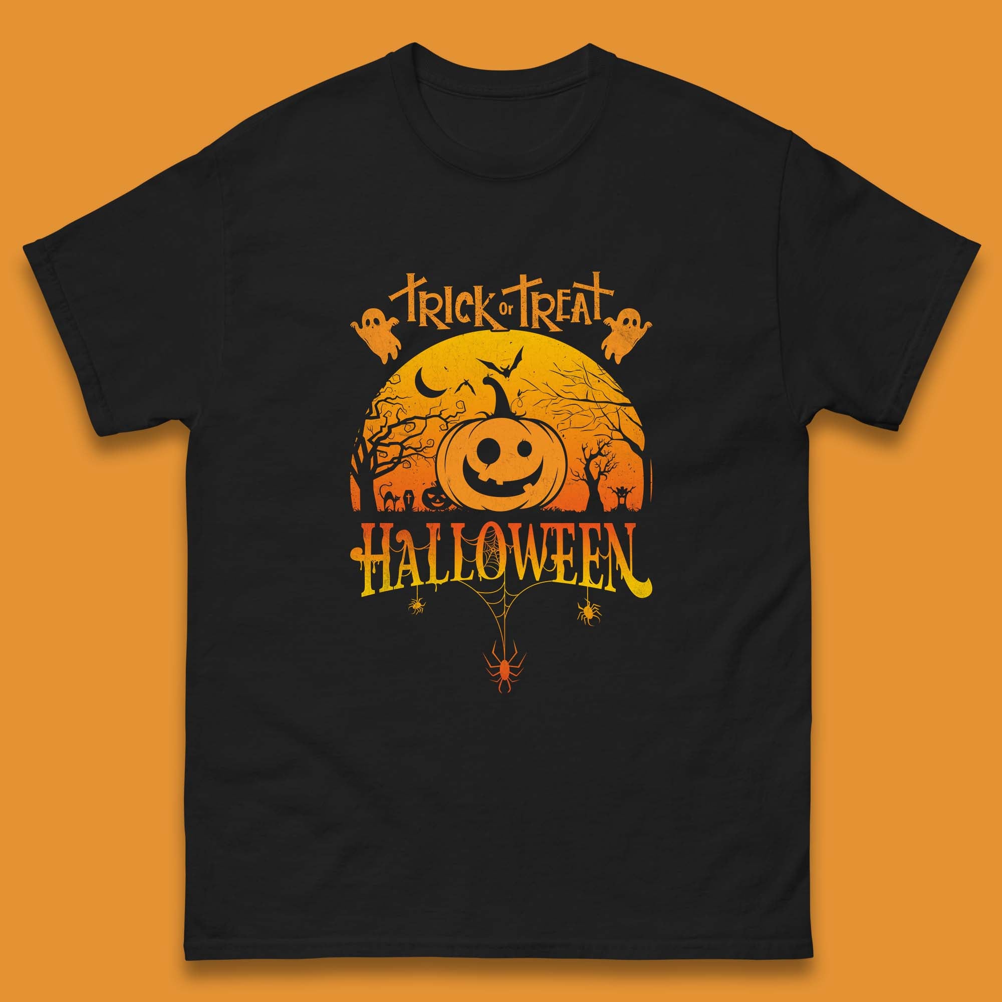 Trick Or Treat Halloween Pumpkin Haunted Trees Scary Spooky Season Mens Tee Top XL