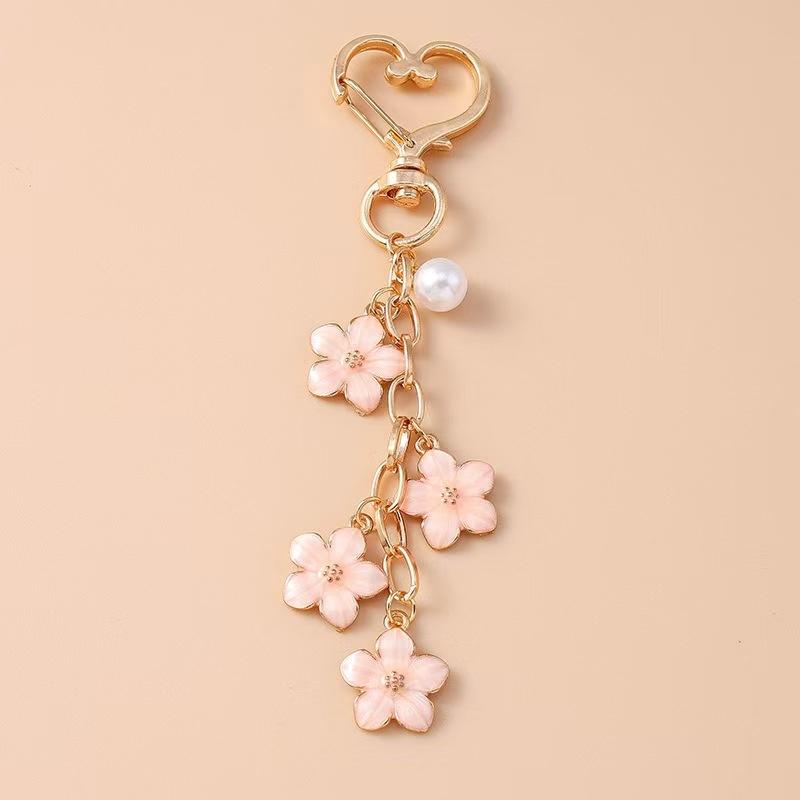 Cute Enamel Pearl Flower Keychain Plant Key Ring Pendant For Women Girls Handbag Decor Diy Handmade Jewelry Gifts