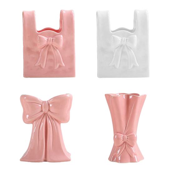 Yousheng Keramikvase mit Schleifendetail Rosa Weiß Schleife/Handtasche/Blumenstrauß Blumenvase für Wohnzimmer Esszimmer Regal Tisch Desktop Deko