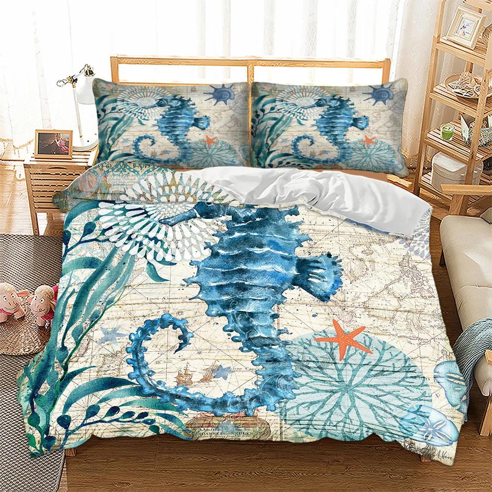 

Mediterranean Style Sea Horse Bedding Set Double Print StarfishSeaweed Blue Duvets Cover Set Comforter Cover With Pillow Shams EU Single(135*200cm)3pcs