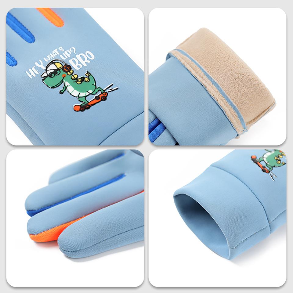 1Pair Kids Winter Gloves Fleece Lined Windproof Little Dinosaur Design Outdoor Snow Play Waterproof Warm