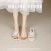 Fashion square buckle low heel slippers women solid leather flip flops metal heel ladies outdoor slides summer shoes sandalias de mujer