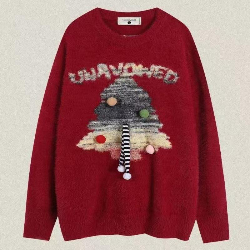 

Женский свитер с рождественской елкой, градиентный, с круглым вырезом, парный пуловер, повседневный свободный, осенняя мода, вязаный женский топ One Size красный