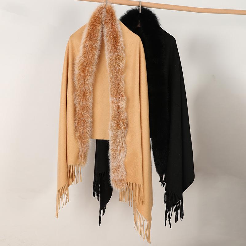 

Autumn and winter new warm cashmere fox fur collar shawl fashion fringed light luxury Above 175cm верблюд