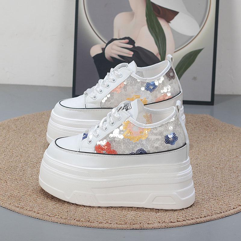 Fashion 10CM Air Mesh Microfiber Leather Fashion Summer Chunky Sneaker Lace Up High Brand Comfy Booties Bling Shoes Women